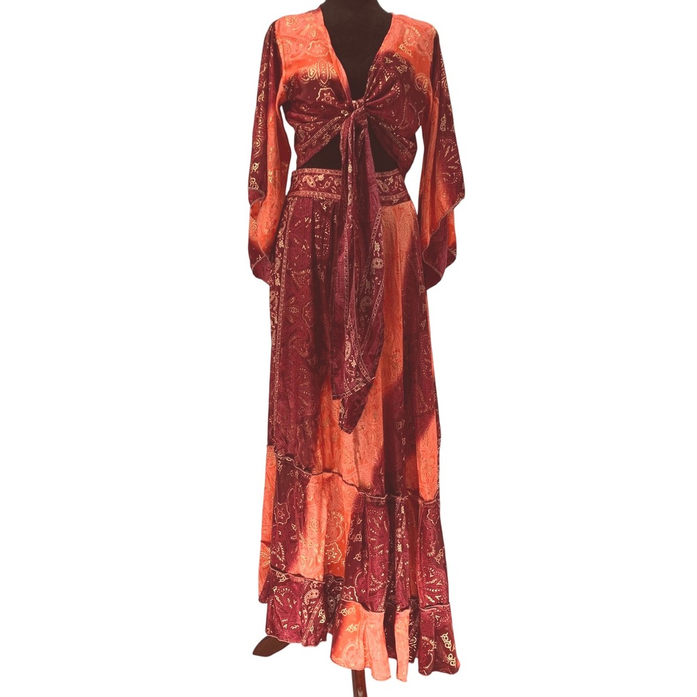 Nazila Couture size Med Paisley Gold Foil 2 Pc Set Tie Top & Tiered Maxi Skirt